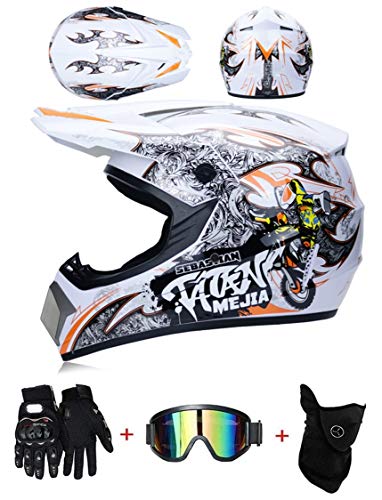 LZSH Casco de moto casco de motocross profesional, casco de cross, MTB, casco infantil, casco con gafas/guantes/máscara, ECE homologado adultos niños quad bike ATV go-kart-helm (D,L: 59-60 cm)