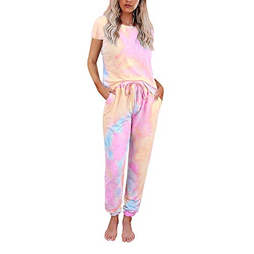 Ropa Exterior Traje De Casa Mujer OtoñO E Invierno Pantalones De Manga Corta con Estampado Tie-Dye Pijamas Divididos