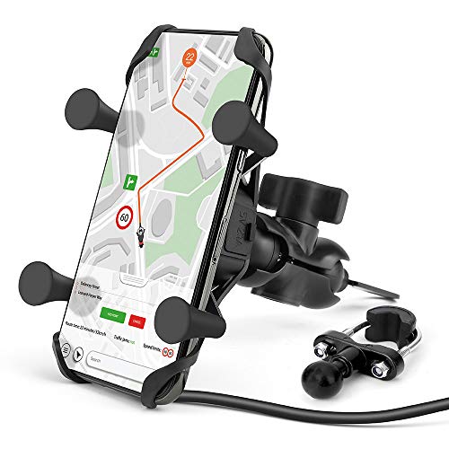 Soporte Movil Moto Universal Rotación de 360°con Cargador del USB, Soporte de Teléfono Anti Vibraciónpara Motocicleta Compatible para iPhone 11, X, SE, Pro, Samsung, GPS ATV Scooter