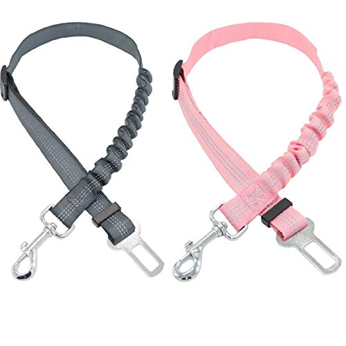 tangger 2 PCS Cinturón de Seguridad para Perros Ajustable,Cinturón Seguridad Perro Coche Rosa y Gris con Amortiguador Elástico y Mosquetón