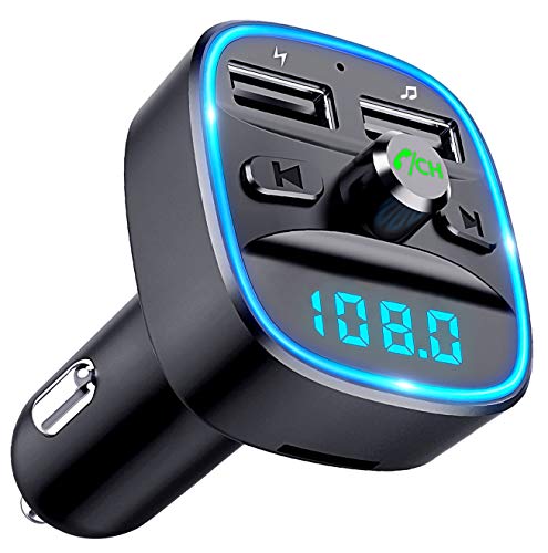Transmisor FM Bluetooth Coche, [Luz de Anillo Azul] Manos Libres Bluetooth para Coche, Cargador de Coche con Doble USB Reproductor MP3 Mechero Coche, Adaptador Radio Soporte Tarjeta SD y U Disk