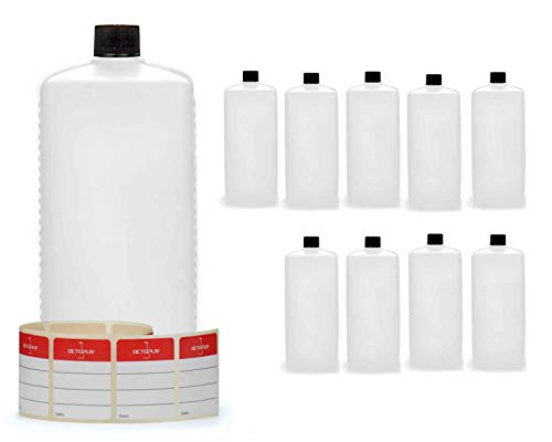 10 botellas de plástico de Octopus de 1000 ml, botellas de plástico de HDPE con negro tapones de rosca, botellas vacías con tapas de negro rosca, botellas rectangulares con etiquetas para marcar