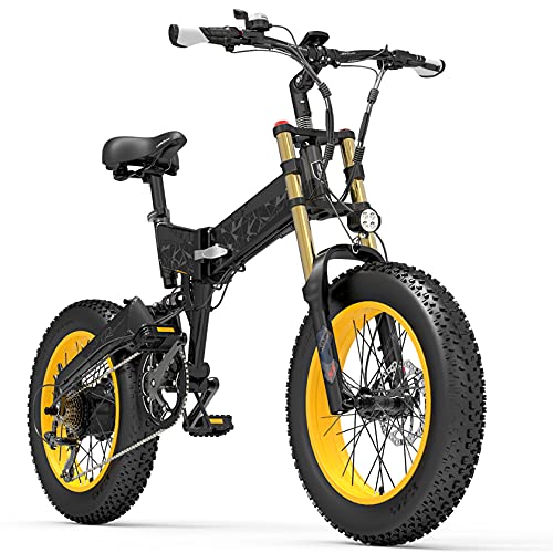 Bicicleta eléctrica plegable adultos,Bicicleta eléctrica 20 "/ Bicicleta eléctrica para uso diario motor 500 W,Batería 48V 11Ah,Bicicleta eléctrica con neumáticos gordos de 7 velocidades,Black+yellow