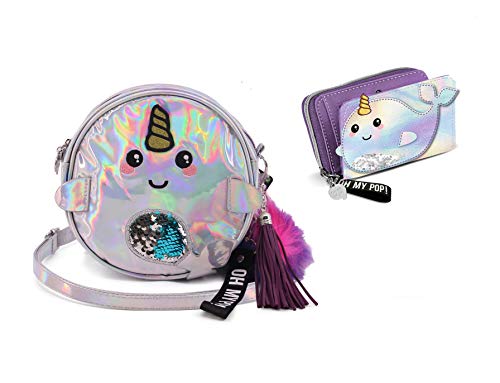 Bolso bandolera con diseño de unicornio nube con brillantina plateada + monedero portamonedas rectangular + llavero de regalo