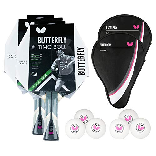 Butterfly Timo Boll Vision 1000 - Juego de 2 raquetas de ping pong + 2 fundas para drive + 2 3 pelotas de ping pong ITTF R40 + juego profesional