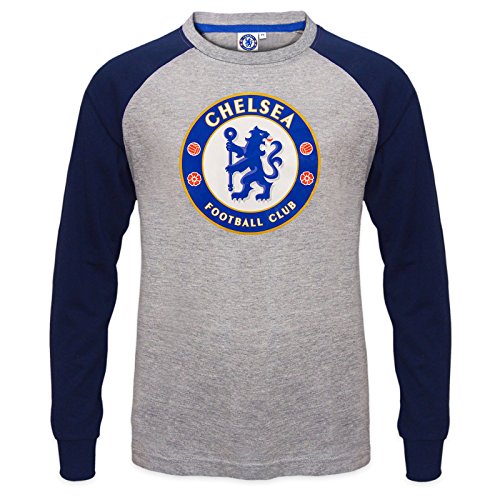 Chelsea FC - Camiseta oficial con mangas raglán - Para niños - Con el escudo del club - Gris - 8-9 años