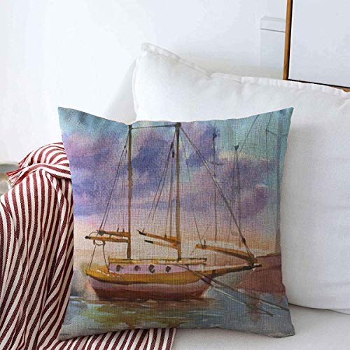 Fundas de almohada decorativas de lino, muelle, bahía azul, acuarela, vista al mar, puerto deportivo, naturaleza, barco, costa verde activa, europa, funda de cojín cuadrada para decoración del hogar