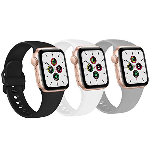 FUUI Correa Compatible con Apple Watch 38mm 42mm 40mm 44mm, Pulseras de Repuesto de Silicona Suave para iWatch Series 6 5 4 3 2 1 SE, Mujer y Hombre(3 Pack)(38mm/40mm S/M, Negro/Blanco/Gris)