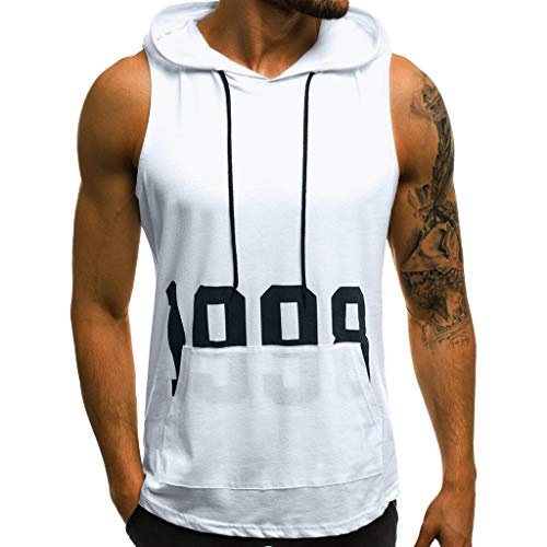 JiaMeng Camisetas Elástica de Fitness sin Mangas Tank Top Gym para Hombre Fitness Muscle Estampado sin Mangas con Capucha Culturismo Bolsillos de Secado Ajustado