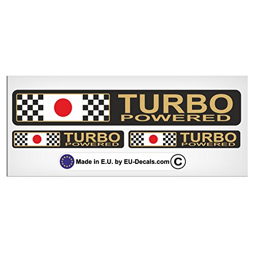 Juego de 3 pegatinas termoadhesivas "Turbo Powered" y bandera japonesa japonesa con letras doradas, de MioVespa Collection