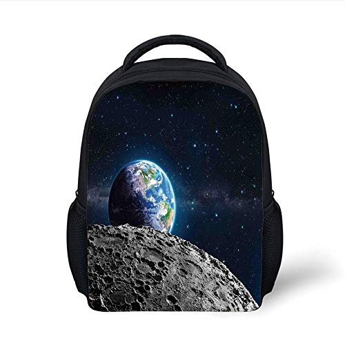 Kids School Backpack Galaxy,View of Earth from Moon Surface Lunar Satellite Spacewatch Tracking Project,Grey Dark Blue Plain Bookbag Travel Daypack