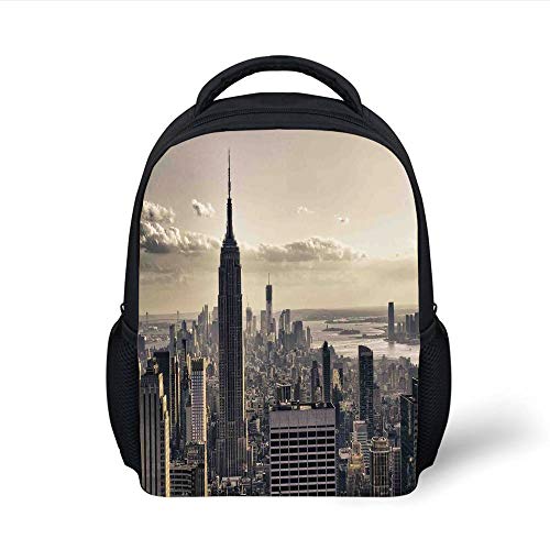 Kids School Backpack NYC Decor,Aerial View NYC in Winter Time American Architecture Historical Popular Metropolis Photo,Beige Grey Plain Bookbag Travel Daypack
