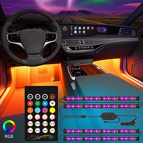 Kundorf LED car interior lighting, 12V, 4 piezas luces led coche interior RGB 48 LED car LED strips, multi-color controlable music app tira led coche con encendedor de cigarrillos y control remoto