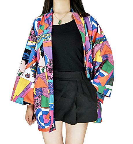 LAI MENG - Kimono holgado para mujer con estampado japonés, manga 3/4, chaqueta ligera, UE 34-48