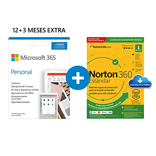 Microsoft 365 Personal | Apps Office 365 | PC/MAC/tableta/teléfono | 12+3 Meses + NORTON 360 Standard | 15 Meses | PC/Mac - Código de activación enviado por email