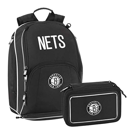 NBA Brooklyn Nets Schoolpack - Mochila escolar organizada con estuche de 3 cremalleras