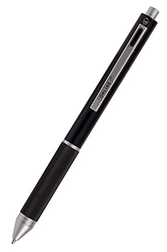 ONLINE - Bolígrafo 4 en 1 negro | bolígrafo y lápiz | bolígrafo metálico multifuncional | 3 minas para bolígrafo en azul, negro y rojo y una mina de lápiz | Incluye goma de borrar