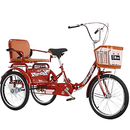 QQJL 16~20 Pulgadas Triciclo Plegable Bicicleta 3 Ruedas Tres Ruedas Bicicletas de montaña para Hombres Mayores Adultos Mujeres con Cesta y Asiento trasero-20 Pulgadas con una Sola Cadena - Rojo
