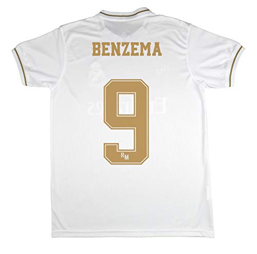 Real Madrid Camiseta Infantil Primera Equipación Temporada 2019-20 Producto Oficial Licenciado Color Blanco- Jugadores (Talla 10, 9 Benzema)