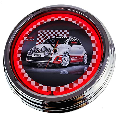 Reloj de pared de neón Abarth Race-Car Fiat 500 pulgadas reloj de pared Deko-clock iluminado estilo de los años 50 Retro Neon Clock comedor cocina sala de estar oficina (Rot)