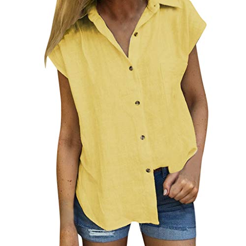 RISTHY Blusa de Cuello Solapa Camisa Botones Color Sólido Camiseta de Oficina Camisa Mujer Casual Camiseta Cuello Alto de Manga Corta Blusa de Lino con Bolsillo Verano para Mujeres