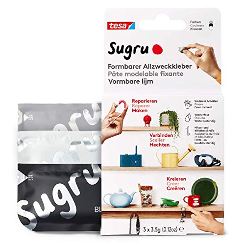 Sugru Mouldable Glue de tesa, adhesivo fuerte multiusos, envase de 3 (3 x 3,5 g) en Negro, Blanco y Gris