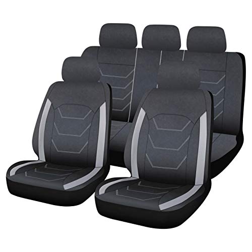 SUMEX Funda de Asientos Universales para Coche Juego de Asientos Delanteros y Traseros de Polipiel Relleno de Foam de 3mm Modelo en Negro Lineas Bordadas y Franjas Laterales Color Negro y Gris 12pcs