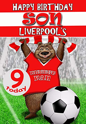 Tarjeta de cumpleaños de 9 años, diseño de fútbol de Liverpool, a todo color en el interior, publicada el mismo día