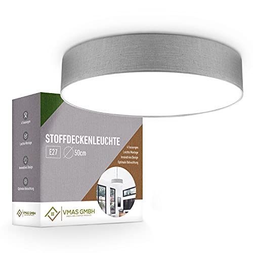 Vmas – Lámpara de techo / plafón de dormitorio de 50 cm de diámetro [5 W] – Lámpara de techo de tela con 4 casquillos E27 y pantalla de tela – Pantalla de tela en gris