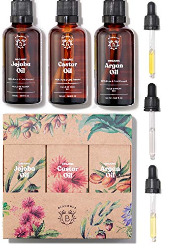 ACEITE DE RICINO, ACEITE DE ARGÁN & ACEITE DE JOJOBA |100% Puro, Natural y Prensado en Frío | Cara, Cuerpo, Cabello, Uñas | Botellas de Vidrio + Bombas + Pipetas (3 x 50 ml) ACEITE DE RICINO, ACEITE DE ARGÁN & ACEITE DE JOJOBA |100% Puro, Natural y Prensado en Frío | Cara, Cuerpo, Cabello, Uñas | Botellas de Vidrio + Bombas + Pipetas (3 x 50 ml)