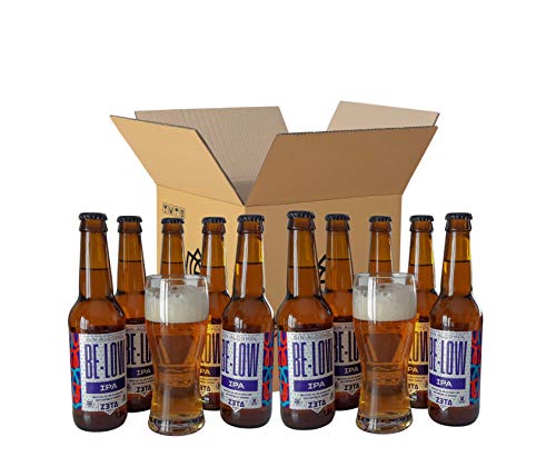 BELOW IPA SIN ALCOHOL - PACK DEGUSTACIÓN REGALO (10 x 33cl + 2 vasos) - Cerveza SIN ALCOHOL (0.65% alc vol) - Para Disfrutar de Todo el Sabor y Aroma de las Mejores IPA