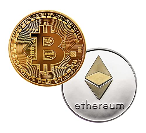 Bitcoin Ethereum Monedas Físicas Pack Color Oro y Plata Incluyen Fundas Protectoras Criptomonedas Bitcoin Ether Representación Conmemorativa de Colección Criptodivisas Piezas de Coleccionista Cripto