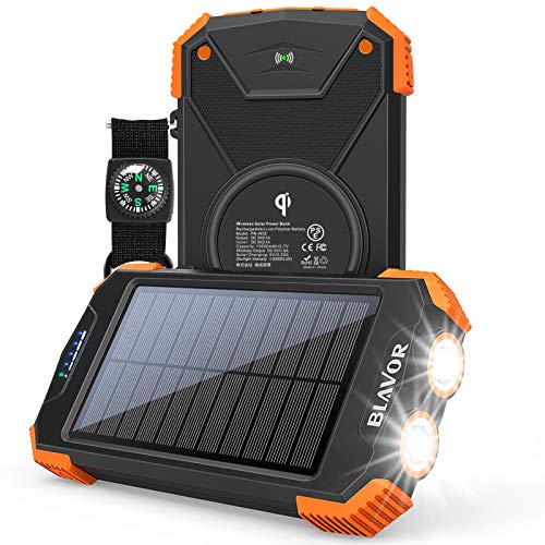 BLAVOR Cargador Solar Móvil 10000mAh Batería Externa Portátil Qi Power Bank Tipo C Puerto de Entrada Linterna Dual, Brújula, A Prueba de Salpicaduras, DC5V / 2.1A (Naranja-10000mAh)