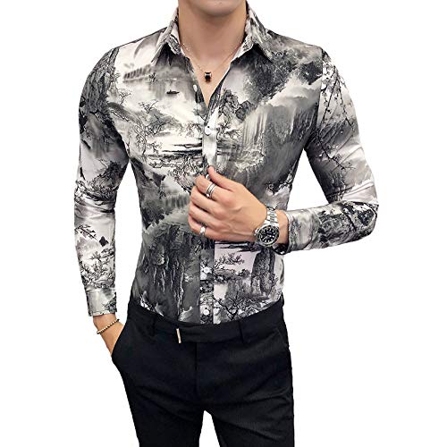 Camisa de Manga Larga Informal Ajustada a la Moda para Hombre, Personalidad de Primavera, Estilo Chino, Estampado Diario, Camisas clásicas con Botones XL