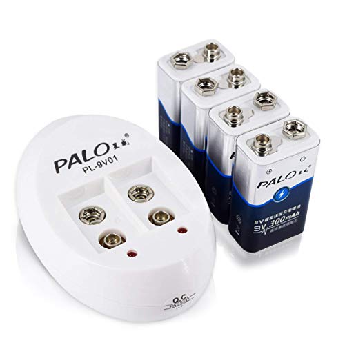 Cargador de batería inteligente PALO 9V con 4 paquetes de 300mAh 9V Baterías recargables de ión de litio con autodescarga baja de Ni-MH (cargador de 2 bahías con 4 paquetes de 9v)