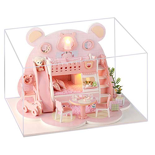 Decdeal Casa de Muñecas en Miniatura DIY con Muebles y Luces LED Oso Rosa Cumpleaños Creativos Niños (con Cubierta Antipolvo)