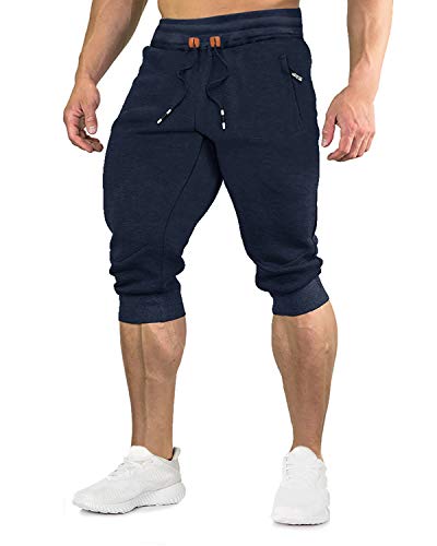 EKLENTSON Hombre 3/4 Cortos Pantalones Casuales de Algodón para Transpirables para Correr Gimnasio con Cremallera Bolsillo Color Azul Marino W32