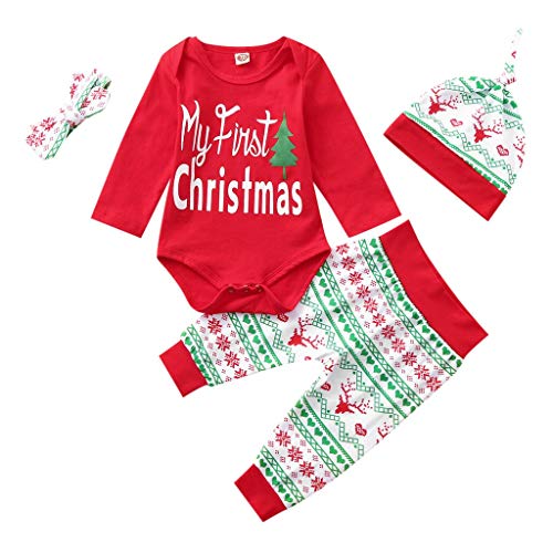 Fossen My First Christmas Disfraz Navidad Bebe niño niña Ropa de Conjunto Monos + Pantalones + Sombrero (0-6 Meses, Rojo)