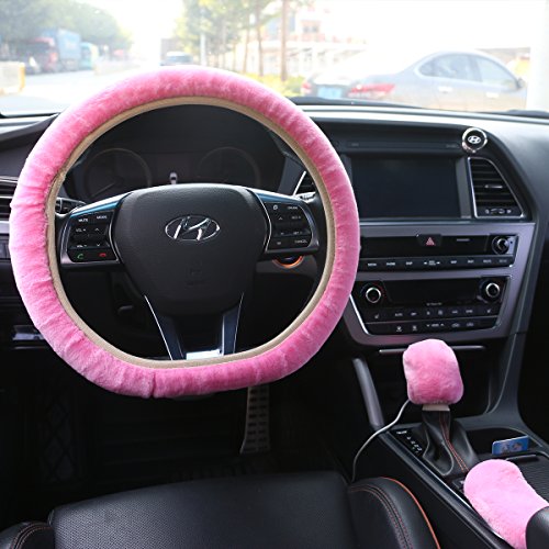 Fundas HLZDH de lana sintética, para freno de mano, palanca de cambios y volante, universales, para coche, de peluche, dimensión: 40 cm rosa Rosa