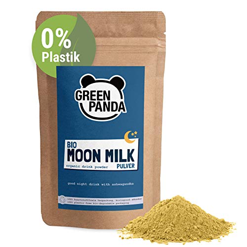 Green Panda® Moon Milk vegana y organica, con ashwagandha y curcuma en polvo perfecta para curcuma latte y Golden milk, buenas noches con la raíz de la "mora del sueño", bolsa biodegradable, 200gr