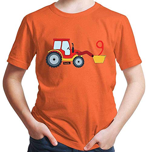 Hariz - Camiseta infantil, diseño de tractor, pala número 9, cumpleaños infantil, tarjeta de regalo naranja 10 años