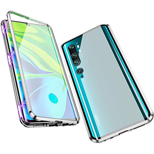 Jonwelsy - Funda para Xiaomi Mi Note 10 / CC9 Pro, absorción magnética de metal, paragolpes con protección de 360 grados, doble cara, transparente, cristal templado, para CC9 Pro (plata)