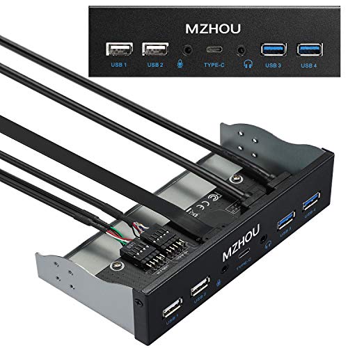 MZHOU Panel Frontal de Metal USB2.0 + 3.0, Adaptador de Panel Frontal de 19 Pines de 5.25 Pulgadas, Concentrador de 4 Puertos USB 3.0 y (Puerto de Audio 1HD / Interfaz 1TPY-C/Entrada de Micrófono 1)