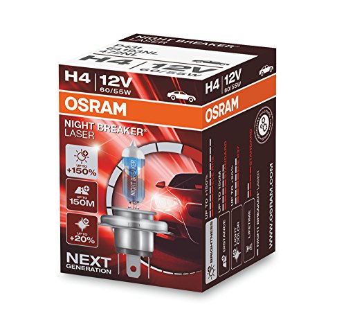 OSRAM NIGHT BREAKER LASER H4, Gen 2, +150% más luz, bombilla H4 para faros delanteros, 64193NL, 12V, estuche plegable (1 lámpara)