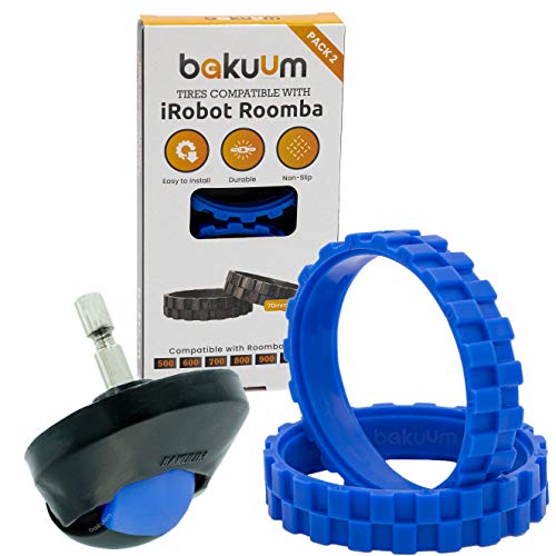 Pack 2 neumáticos + Rueda Delantera Color Azul para iRobot Roomba Series 500 600 700 800 900 i7 e5. Gran adherencia, antideslizante