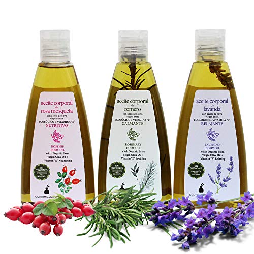 Pack 3 Aceite Corporal de Rosa Mosqueta, Lavanda y Romero, con Aceite de Oliva Virgen Extra y Vitamina E. Elaboración 100% artesanal