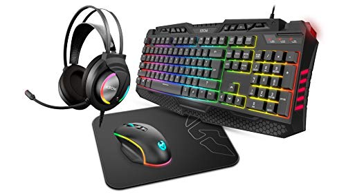 Pack Combo Gaming Krom KRITIC SP -NXKROMKRITICSP- RGB, Teclado Membrana, Raton Optico 6400 dpi, Auriculares Stereo, Alfombrilla Goma Antideslizante, Color Negro