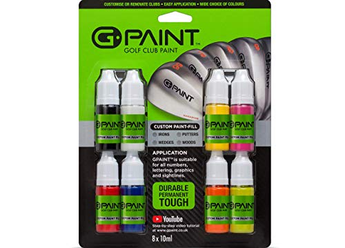 Pack de 8 pinturas para palos de golf, con números de pintura negra, blanca, roja y azul, amarillo, rosa, verde y naranja, con logotipos en los gráficos existentes del club de golf.