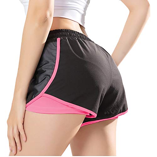 Pantalones cortos deportivos 2 en 1 para mujer Pantalones cortos elásticos de doble capa para correr (Rosa roja, L)