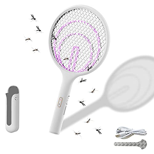 Raqueta Matamoscas Eléctrica, USB Recargable mata mosquitos electrico Con soporte pared Raqueta Mosquitos Electrica Recargable Mosquito Killer con Fortalece 3 Capas Malla Raqueta Mosquitos